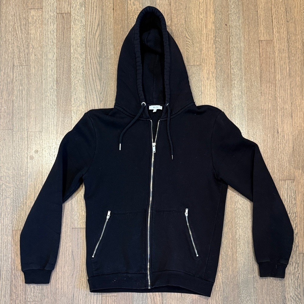 Reiss Black Zip-Up Hoodie with Silver Zippers